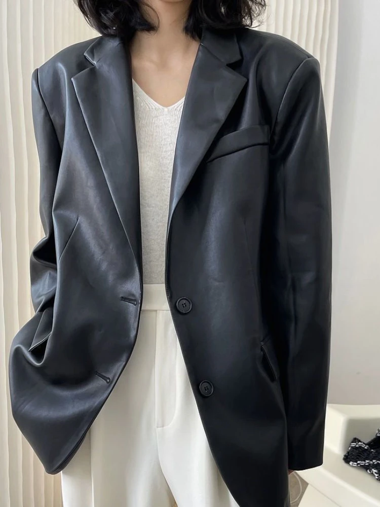Vintage PU Leather Silhouette Blazer Loose Casual Wide-shoulder Top Women's Spring and Autumn New Style Blazers for Women