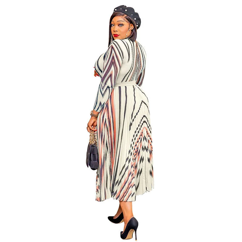 Plus Size Dress Women's Long Sleeve Print Pleated Skirt Spring Lady OL Commuter Loose Large Fashion High Waist Elegant Dresses