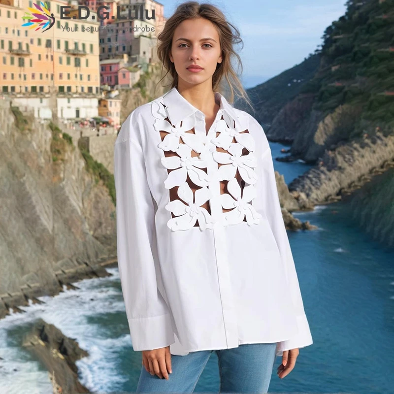 EDGLuLu белая блузка с отложным воротником и длинными рукавами женская однобортная