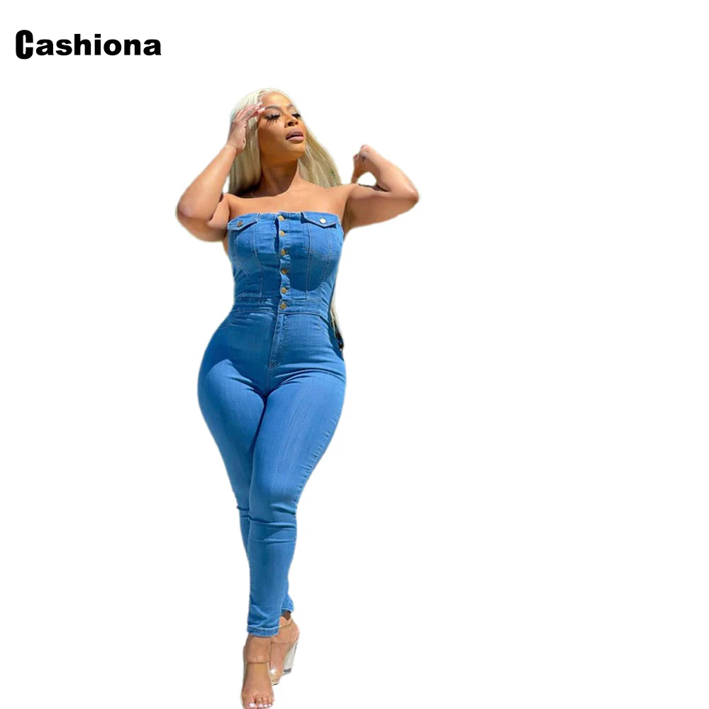 Women High Cut Fashion Jeans Demin Jumpsuit Girl's Slash Neck Denim Overalls Skinny Trouser 2022 Single-Breasted Onesie Bodysuit