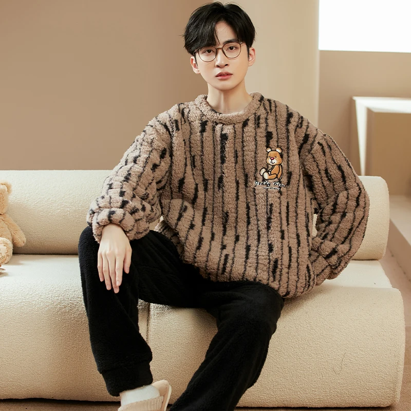 QUHENG 5XL Large Size Flannel Man's Collar Pajamas Set  Winter Warm Home Clothes Coral Fleece Sleepwear Thick Warm Nightwear