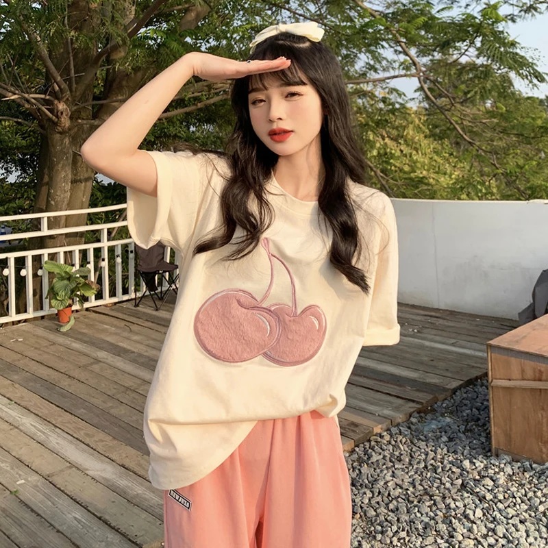 

2022 New Arrival Summer Korean Style Women Casual O-neck Short Sleeve T-shirt Cartoon Patchwork Cotton T Shirt V451