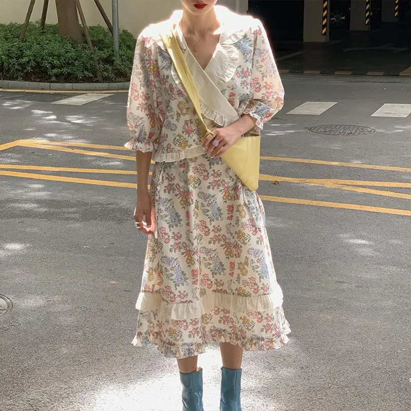 Gaganight женская рубашка с длинным рукавом цветочным принтом и отворотом комплект