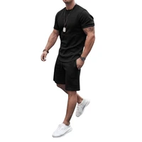 summer fashion simple solid color pure cotton slim male sports suit muscle fitness casual t shirt shorts mens suit sportswear