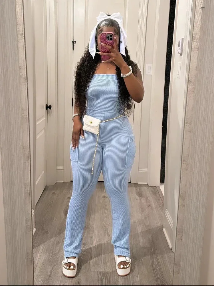 XIZOU элегантные вязаные комбинезоны без бретелек с открытыми плечами и карманами