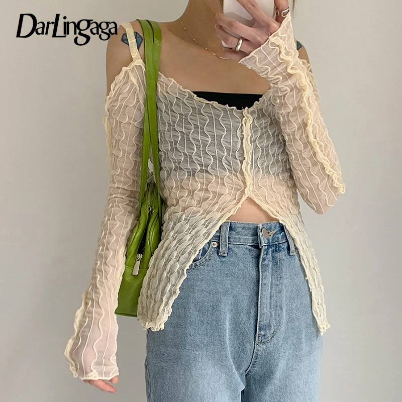 

Darlingaga Korean Fashion Y2K Folds Shirred Skinny Sexy Women's T-shirts Chic Pleated Crop Tops Transparent Patchwork Aesthetic