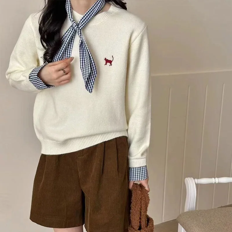 Осенние новые модные поддельные свитера из двух предметов с рукавами-рубашками