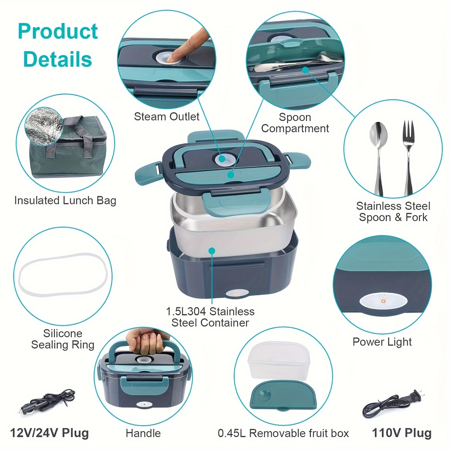 Lunch Box 3 In 1 (12 V/24 V/110 V) 50.72 Oz Food Warmer Car Stainless Steel Box/Truck Household Camping Port