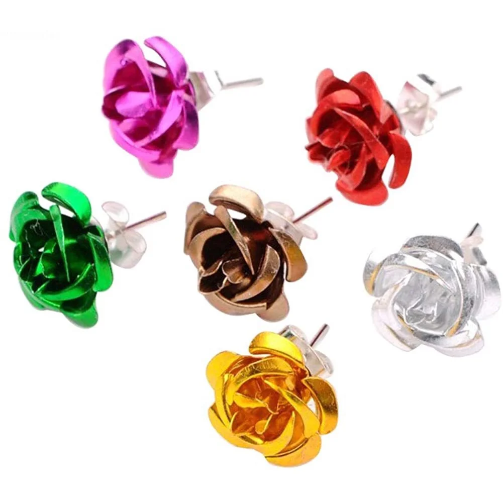 

12 Pairs Aluminum Iron Stud Earrings Mixed Color Flower Earrings Platinum Metal Ear Studs for Women 11mm