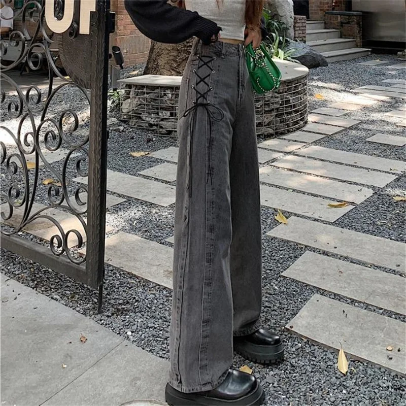 

Women's Denim Sexy Jeans Full-Length Pants High Waist Fashion Bandage Decorate Women Loose High Elasticity Stretch Wide Leg Pant