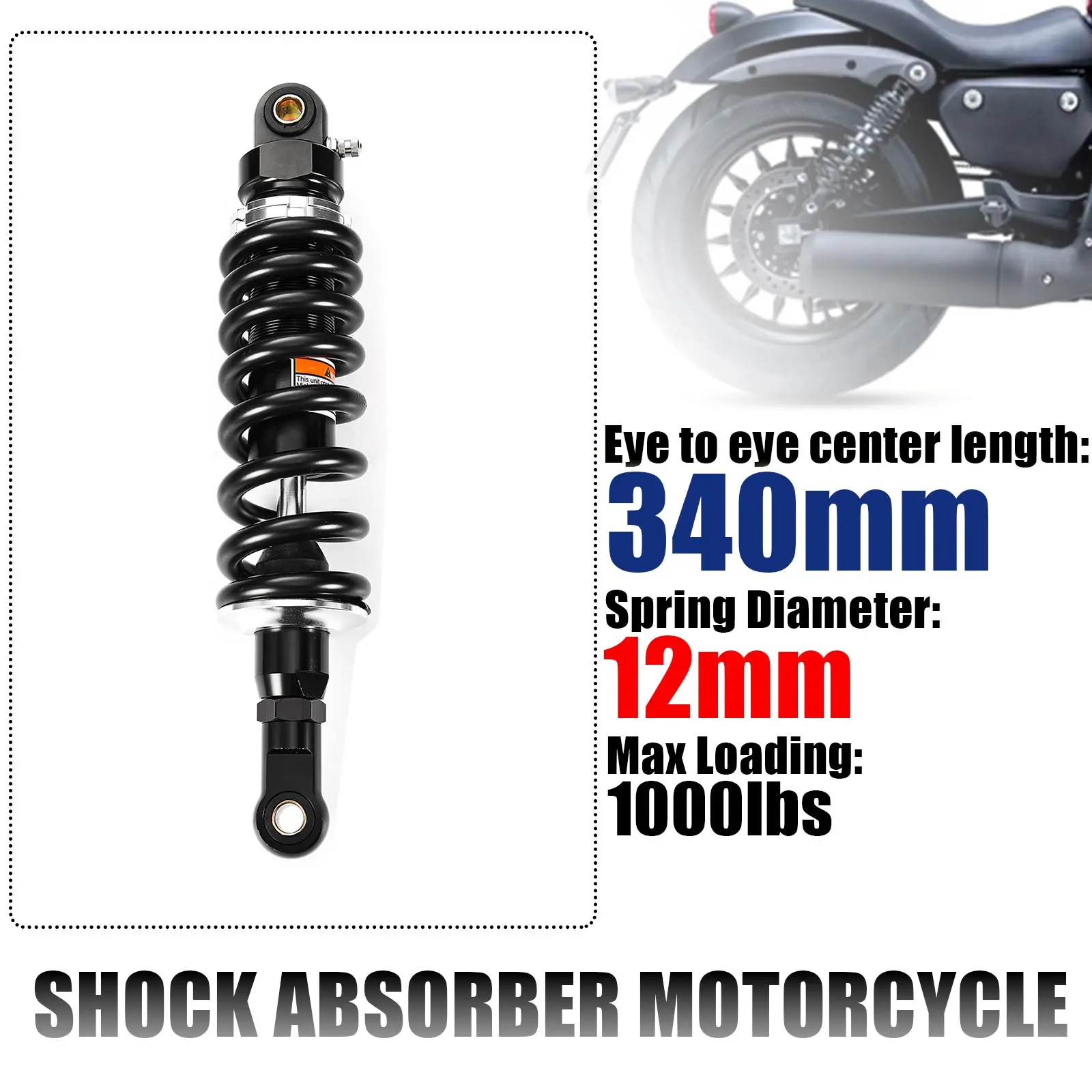 

340mm 13.3” Spring 12mm Strong Motorcycle Air Shock Absorber Rear Suspension Motor Scooter ATV Quad Falling protection 1000lbs