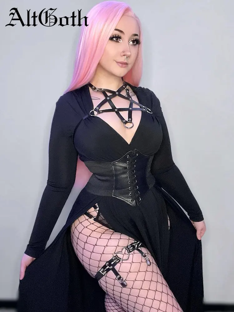 

Женское платье с пентаграммой AltGoth Mall, сексуальное платье в стиле панк из искусственной кожи с вырезами и разрезом, уличная одежда в стиле Ха...