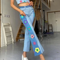 40hothigh waist patchwork color multi pockets woman pants button fly embroidery flower pattern denim flare trousers streetwear