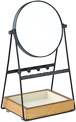 

Kenna Tabletop Mirror \u2013 Round Vanity Mirror with Jewelry Organizer and Storage \u2013 Black Matte Finish with Walnut Base