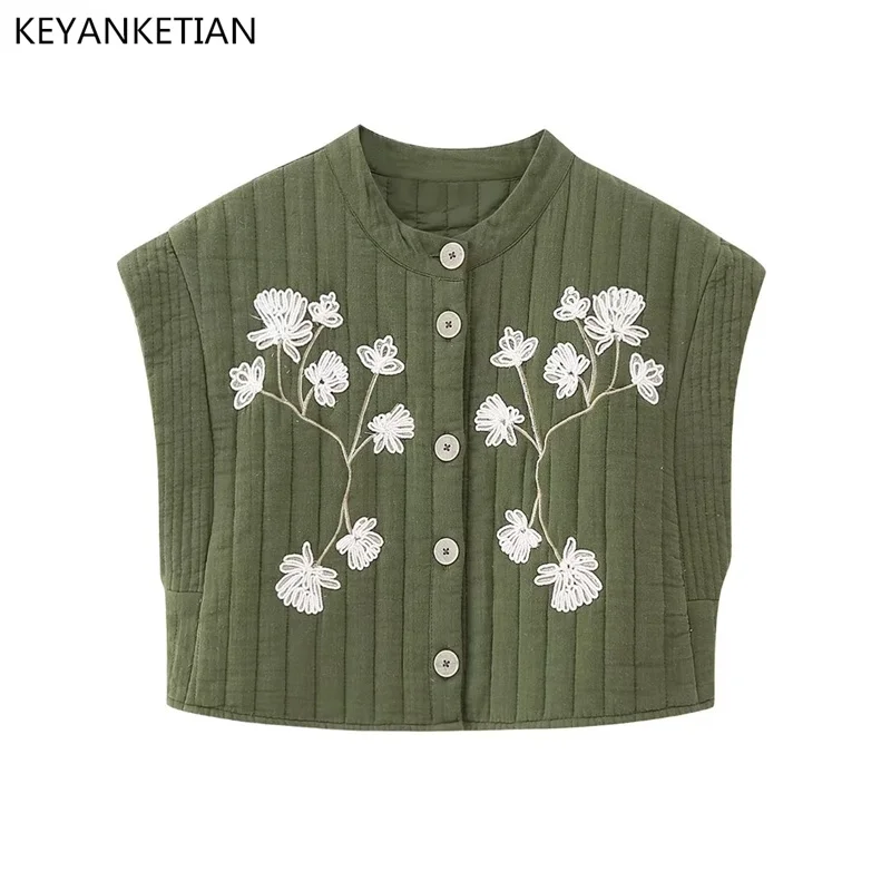 KEYANKETIAN New Floral Embroidery Short Padded Vest Women Retro Style Single Breasted Army Green Sleeveless Jacket Coat Thin