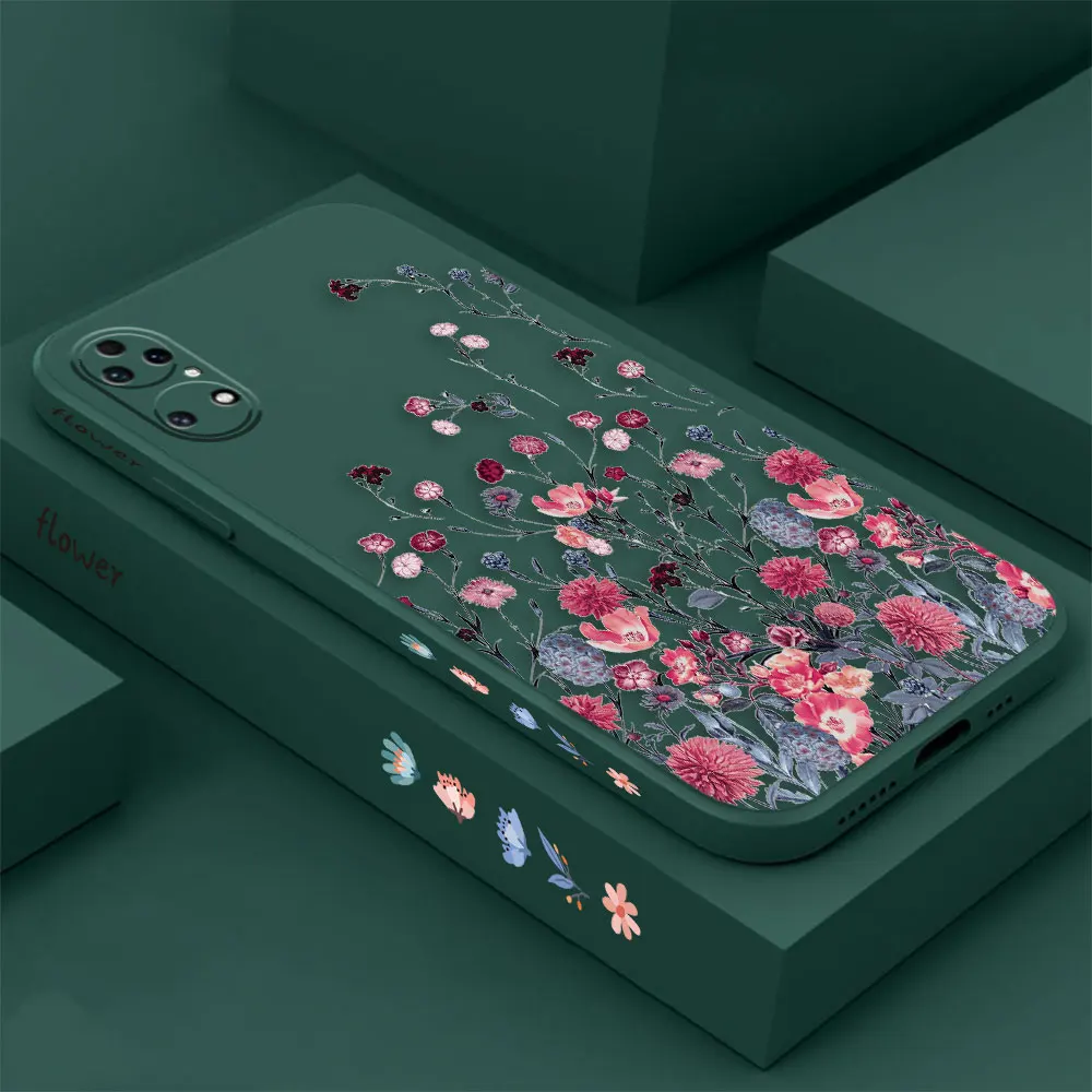 Romantic Garden Flower Phone Case For Huawei P60 P50 P40 P30 P20 Mate 50 40 30 20 20X 10 Colour Liquid Silicone Cover Funda Capa