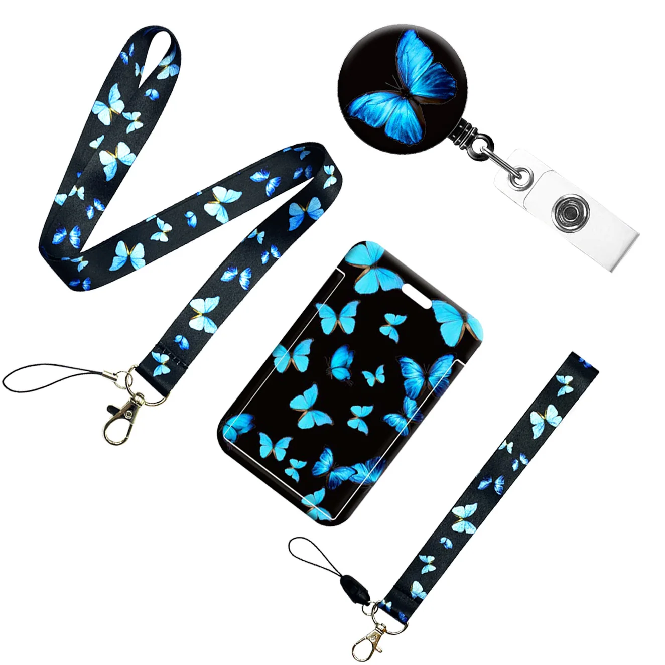 

Blue Butterfly ID Card Holder Lanyard Push-pull Easy-to-pull Buckle ID Card Holder Lanyard School Office Supplies Card Holder