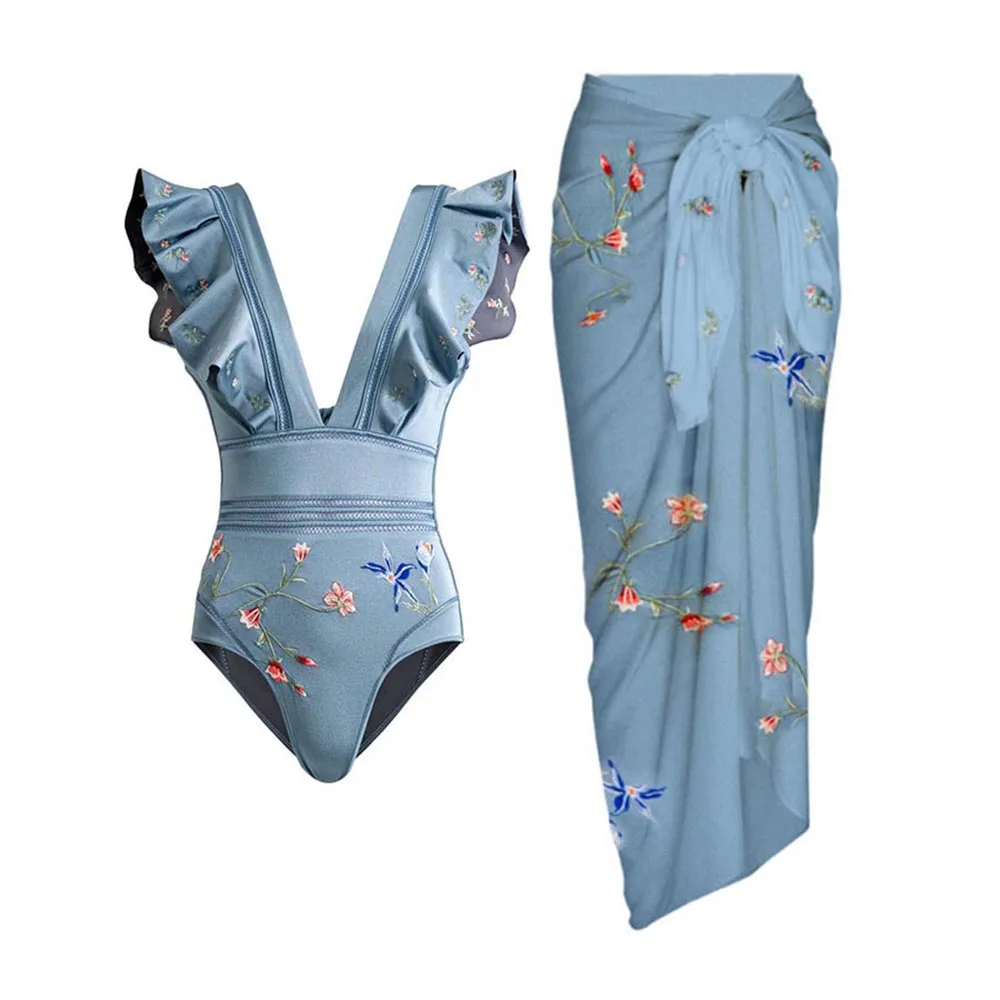 

Vintage Blue Printed Deep V-Neck Sexy Ruffled Bikini Slim High Waist Cropped Backless Beachwear Seamless Splicing Elegant Women