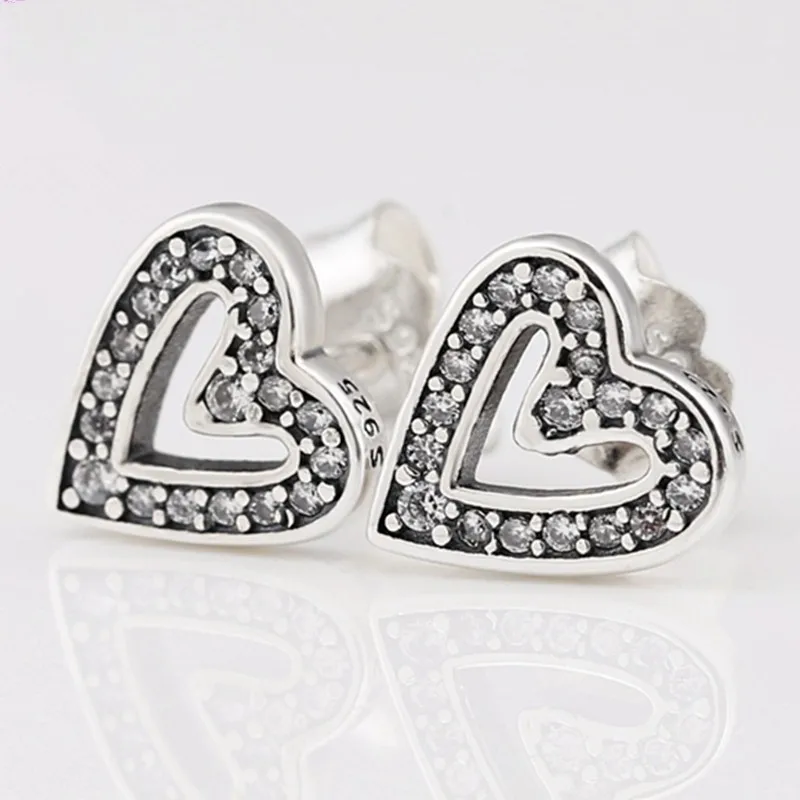 

Authentic 925 Sterling Silver Sparkling Freehand Heart With Crystal Stud Earrings For Women Wedding Gift Fashion Jewelry