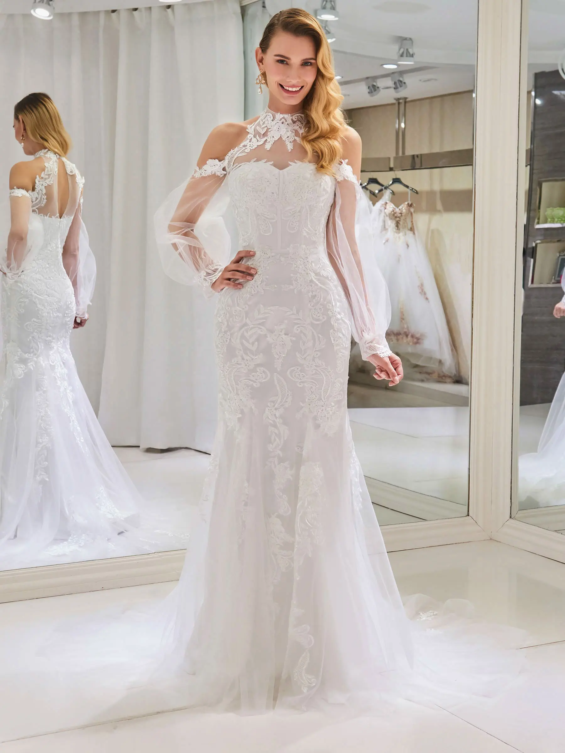 

Dressv Elegant High Neck Wedding Dress Mermaid Appliques Long Sleeves Floor Length Bridal Trumpet Outdoor&church Wedding Dresses