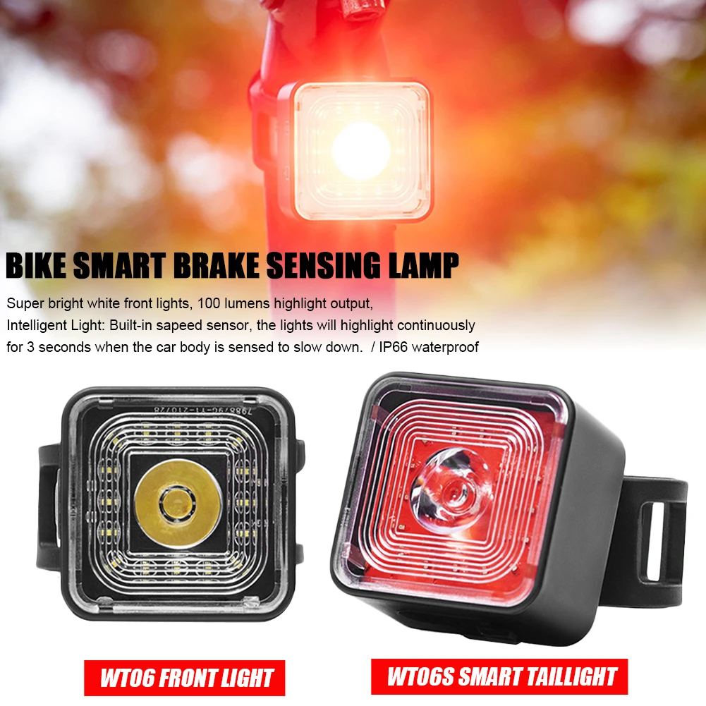 

100 Lumen Bike Lights Smart Brake Sensing Rear Lamp 5 Gears USB Charge Waterproof Headlight and Tail Light Sets bike accessories