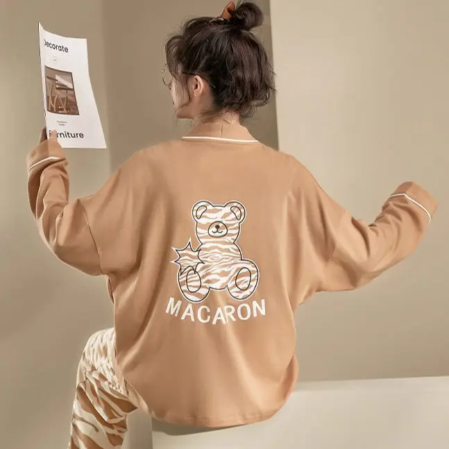 Yasuk Spring Autuum Fashion Women's Casual Print Pocket Sleepwear Homewear Lovely Pajamas Set With Pants Soft Cotton Leopard