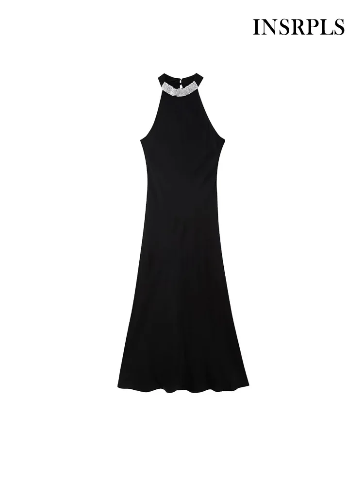 

INSRPLS Women Fashion With Jewel Appliques Midi Dress Vintage Halter Neck Sleeveless Female Dresses Vestidos Mujer