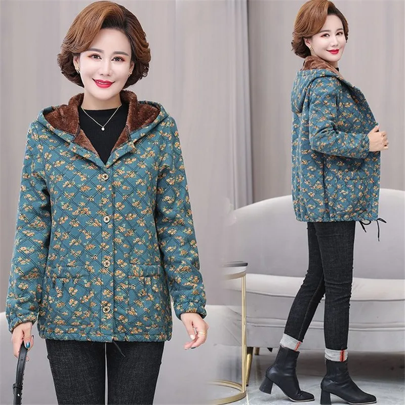 Middle-aged Elderly Women's Coat Winter Jackets Thin Light Warm Plus Velvet Cotton Linen Lattice Jacket Outwear Mother Outwear