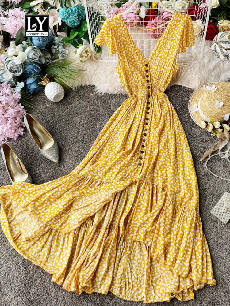 

Ly Varey Lin Sexy V Neck Backless Floral Long Dress Women Summer Boho Floral Print Single Breasted Hem Asymmetric Dress Vestidos