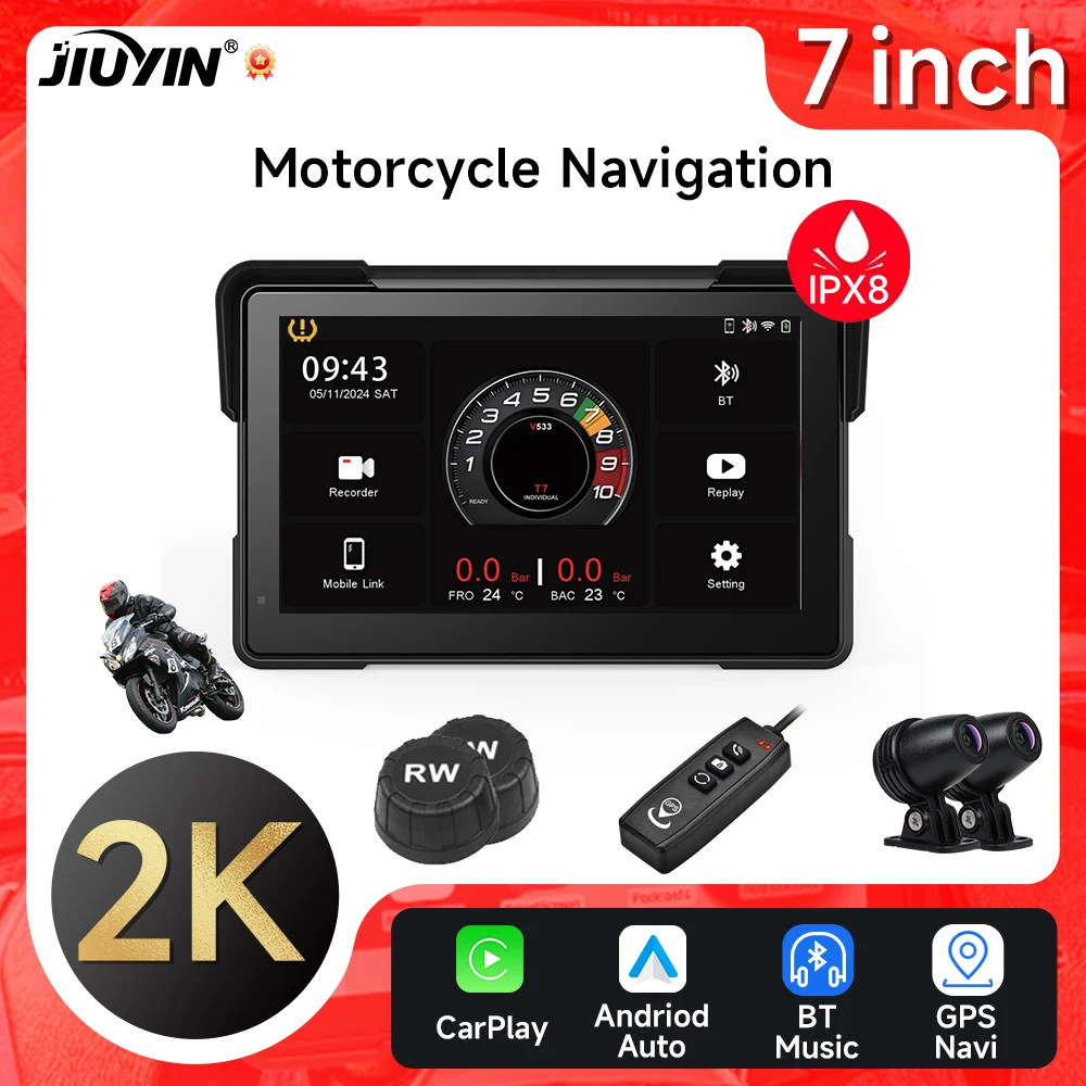 JIUYIN 7-дюймовый мотоциклетный навигационный 2K IPX8 беспроводной CarPlay Android Auto Airplay