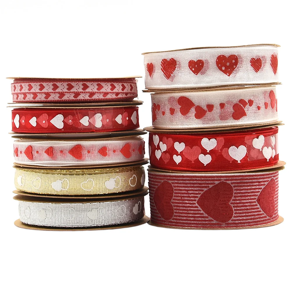 

1 Roll of Ribbon Polyester Heart Printed 10M Length Gift Wrapping for Wedding Valentine's Day