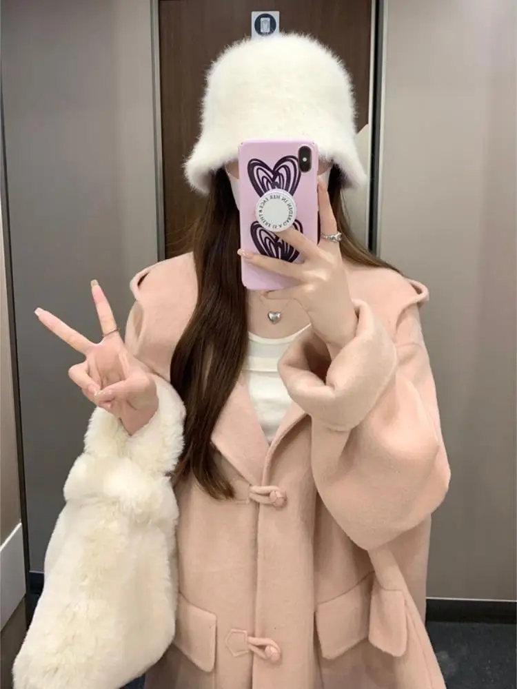 Женское шерстяное пальто модная свободная теплая розовая куртка средней длины