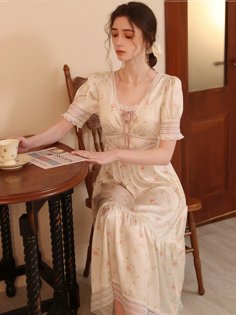 Women French Silk Short Sleeve Lace Sleepwear Romantic Nightgowns Spring Summer Printed Fairy Vintage Princess Pajama Nightdress