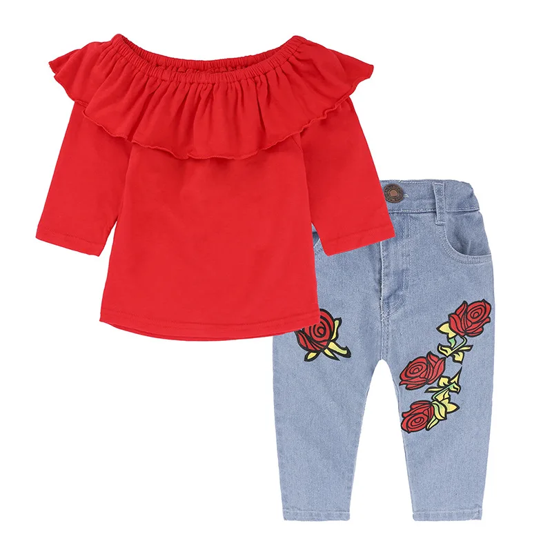 

Baby Girl Clothes Girl Summer Clothes 2023 New Girls' Top One-Shoulder Rose Jeans 2Pcs Kids Clothes Girls 1 2 3 4 5 6 Years Old
