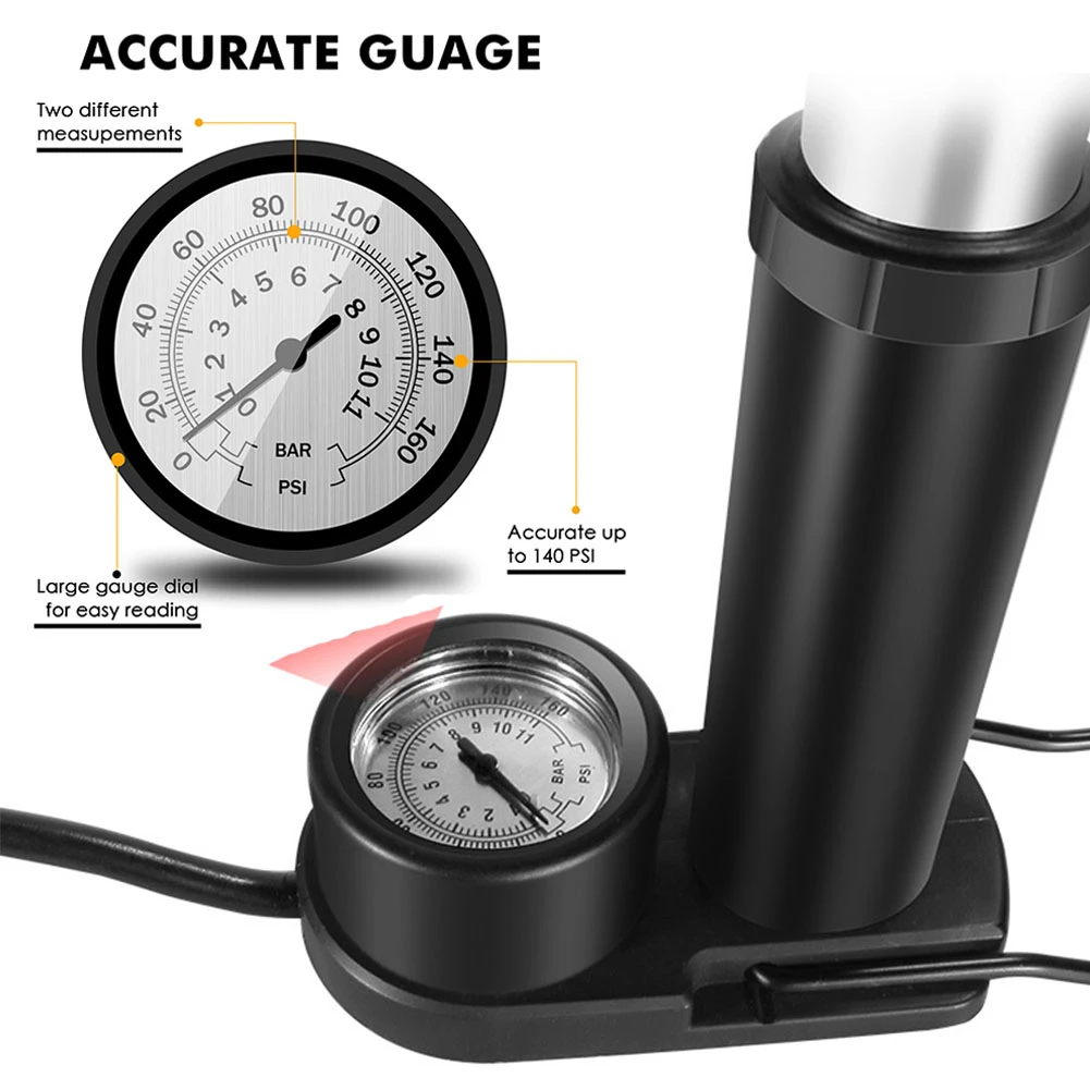 

Portable Mini Bike Floor Pump Max 140PSI with High Pressure Gauge Tire Foot Portable Presta Schrader Dun lop Valve Bicycle Pump
