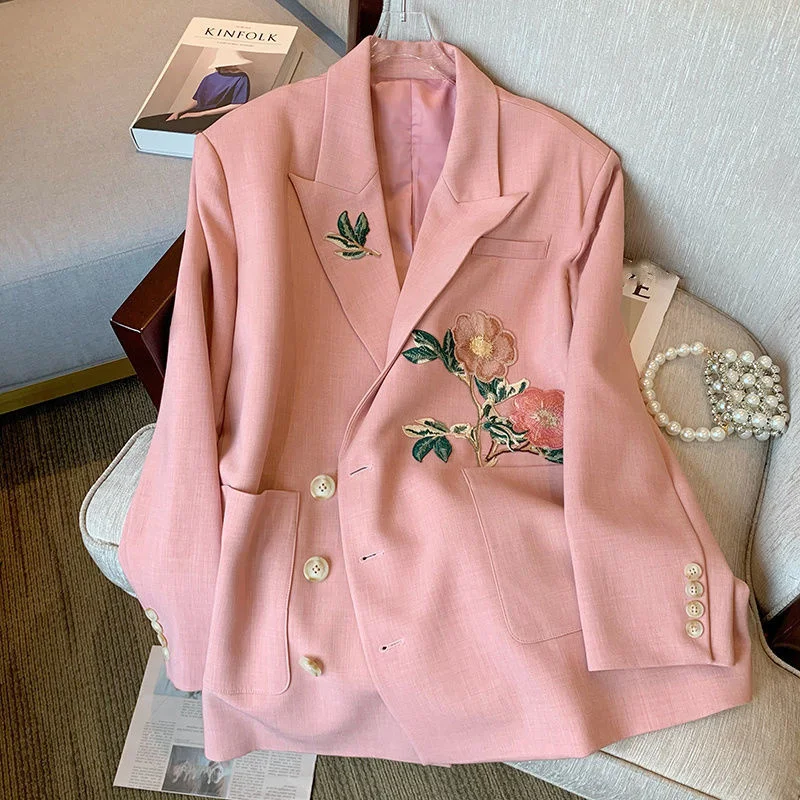 

Vintage Embroidered Floral Blazer Women Pink Short Outwear Casual Notched Collar Long Sleeve Single-breasted Female Suit Jacket