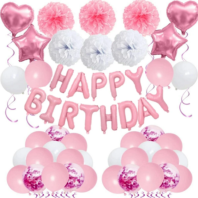 

Pink Happy Birthday Balloons Party Decoration with Banner Paper Pompoms Party Supplies for Girl Girlfriend Daughter Women Enfant