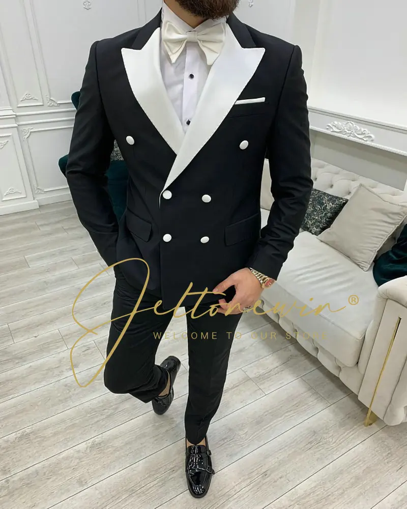 

2 шт. (пиджак + брюки) 2022 двубортные мужские костюмы приталенный черный костюм с белыми лацканами на пуговицах официальный смокинг для жениха на свадьбу