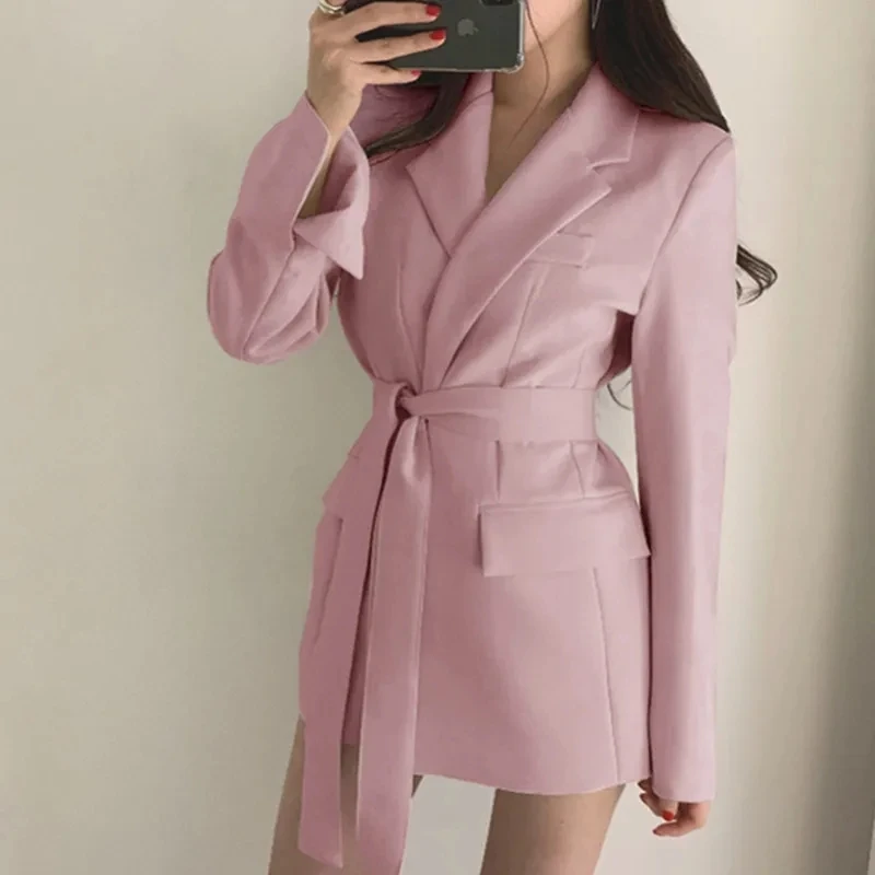 Sashes Fall OL Korean New Fashion Solid Blazers British Style Elegant Black Beige Blazer Coat 2023 Women Long Outwear Jacket