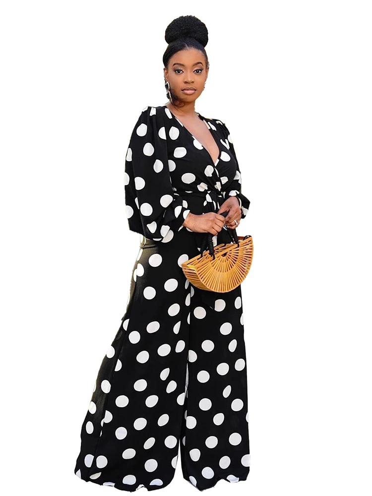 

Одежда в африканском стиле, женский комбинезон с V-образным вырезом и широкими штанинами, модный костюм пляжного типа в горошек, сексуальные...