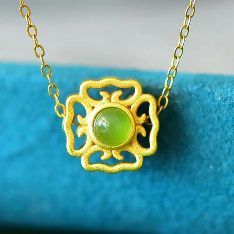 

Натуральное зеленое Нефритовое ожерелье с подвеской, Женские Ювелирные изделия, подлинные китайские нефритовые медные золотые полые подвески, ожерелья