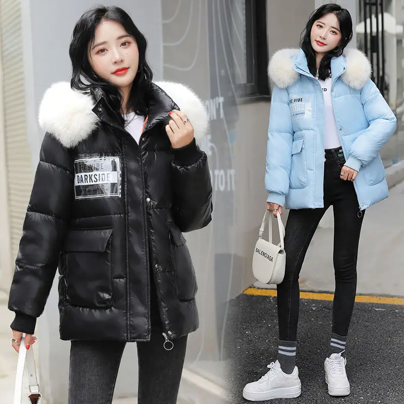 2023 New Winter Parkas Women Fashion Jacket Fur Collar Hooded Coat Thicken Loose Female Warm Cotton Padded Outerwear C13