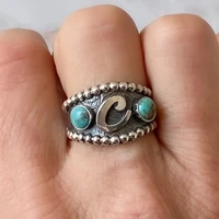 vintage c letters geometric pattern ring boho tibetan ethnic blue stone resin rings for women party friendship jewelry
