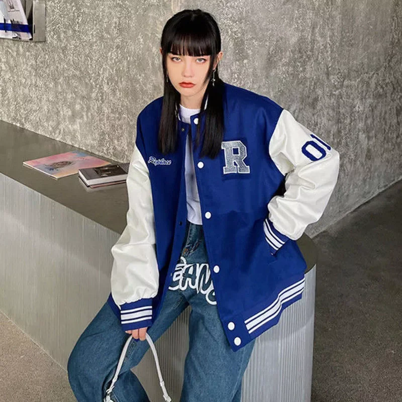 

2023New Vintage Diamond Letter Print Patchwork Baseball Uniform 2022 Spring Female Long Sleeves Single Breasted Streetwear Jacke