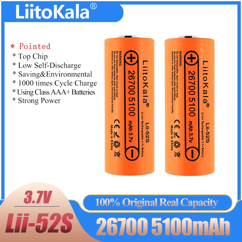 

2023 LiitoKala Lii-52S Pointed 3.7V 26700 5100mAh Li-ion Rechargeable Battery For LED Flashlight Torch Li-ion Battery pack