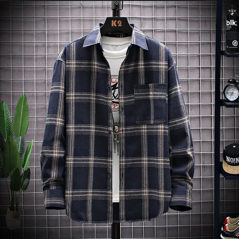 Spring Autumn Fashion Trend Korean Simple Blouse Male Long Sleeve Plaid Shirt Loose Casual Top Man All Match Streetwear Clothes