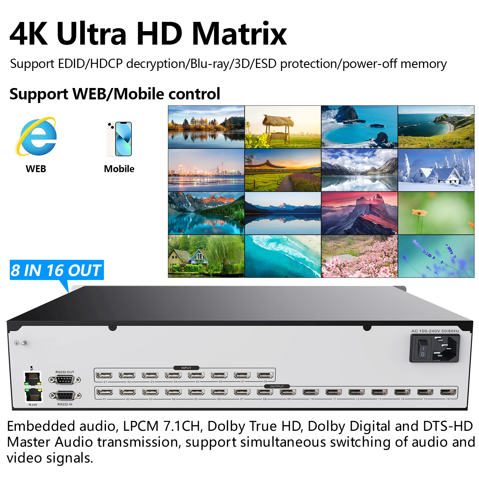 8x16 HDMI Matrix switcher 4K@30Hz, HDMI Matrix Switch Splitter Supports EDID Management/HDCP decoding/Web control/RS232/IR/Dolby enlarge