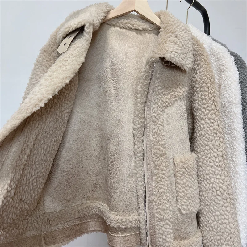 KoHuiJoo Lamb Fur Jacket Women 2022 Winter Fashion Vintage Thick Warm Female Shearling Overcoat Zipper Suede Coat Motorcycle