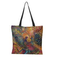 hot custom oil painting cat print womens designer tote bags linen reusable peacock shopping bag shoulder bags for lady