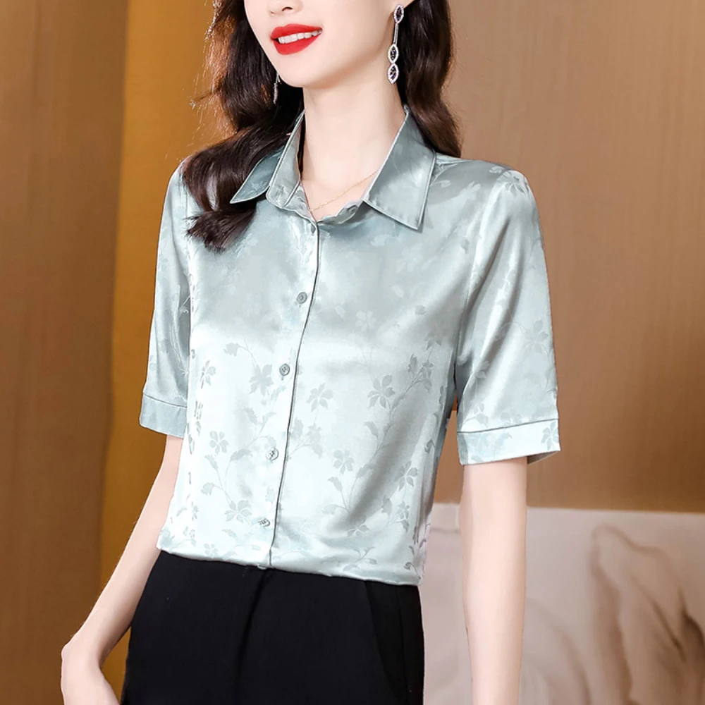 

Summer 2022 Ladies Silk Shirts Short Sleeves Fashion Printed Blouses Tops Woman Vintage Lapel Simple Office Ladies Satin Shirts